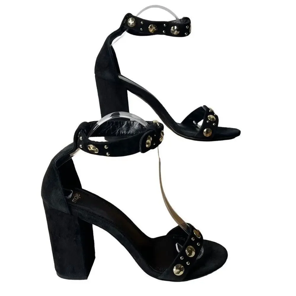 Maje Womens Studded Suede Black Gold Block Heels Sandals Size EU 39 US 8.5-‎ 9
